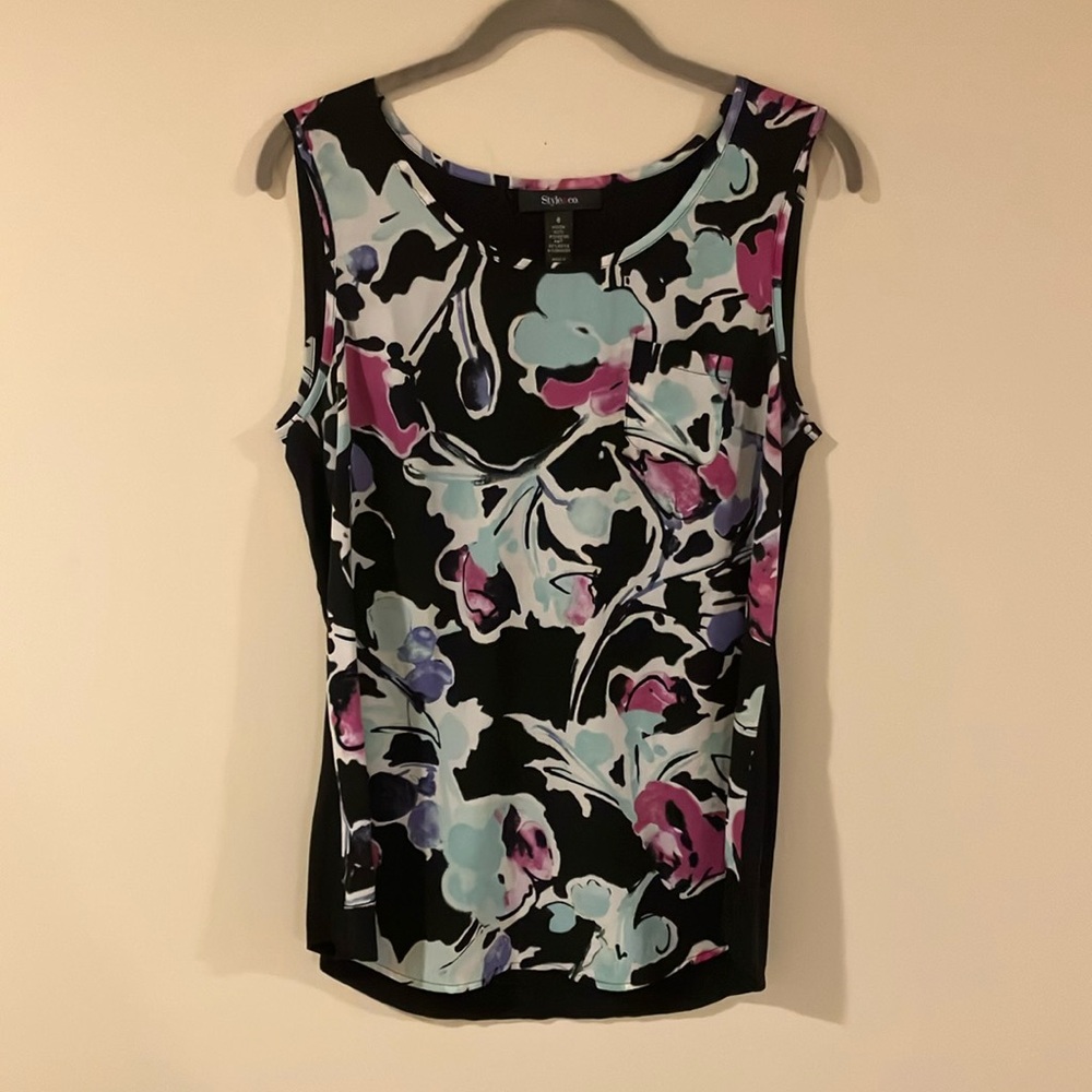 Style & Co. Black Multicolor Floral Blouse Front Sleeveless Top